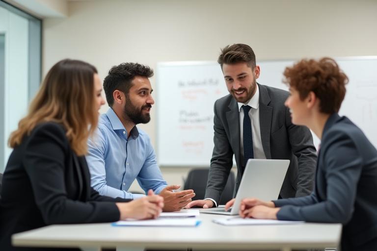 Team of consultants discussing strategy in a modern office environment