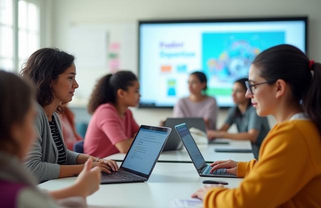 Group of students actively using technology in a modern classroom setting